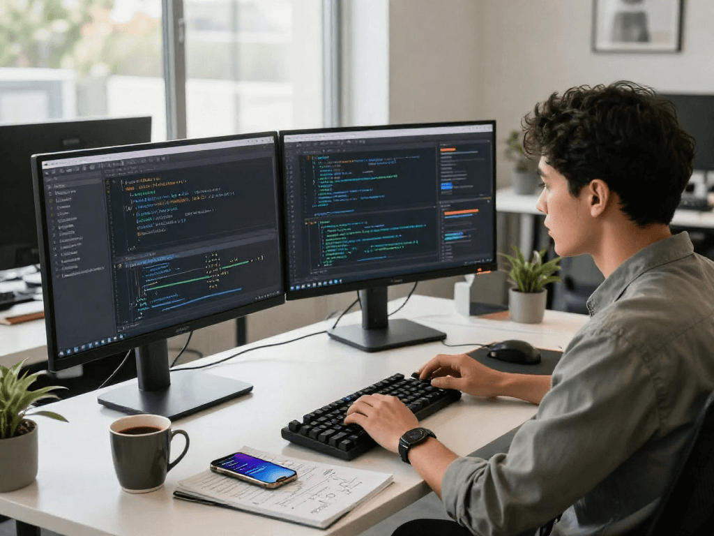 Developer coding in a modern office focused on lavowin login, showcasing productivity and tech atmosphere.