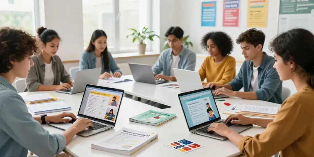 Situs toto online learning environment with diverse students engaged in language courses.