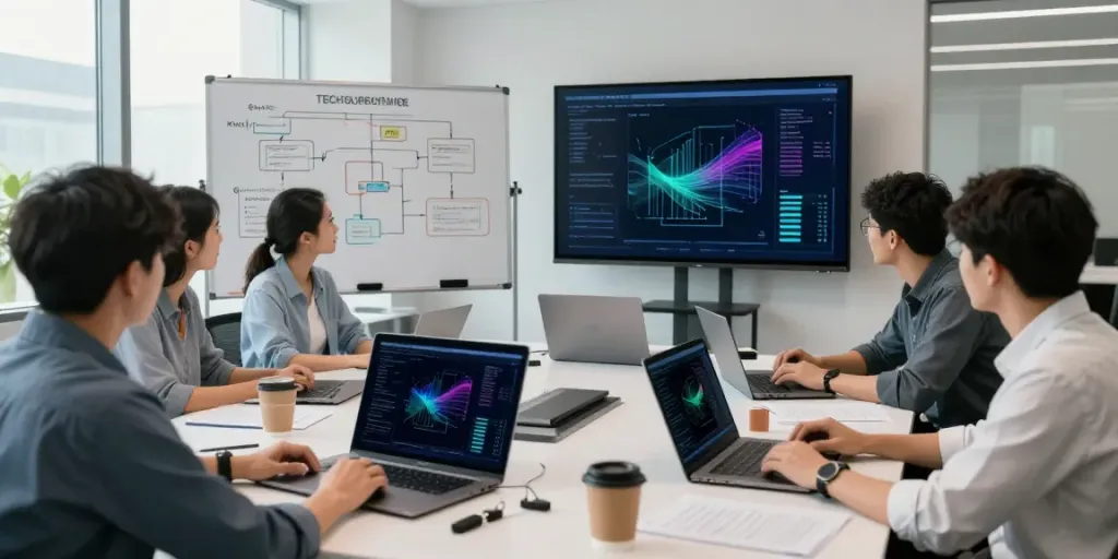 Team collaborating on Enterprise AI strategies in a modern office setting.